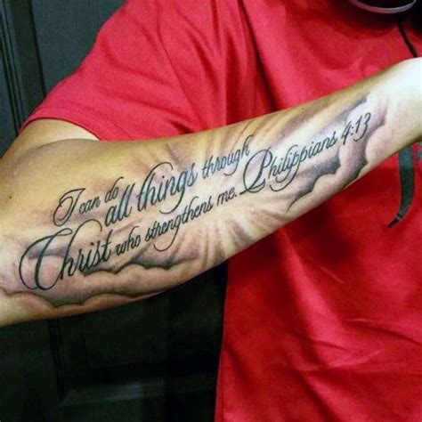 Do not be overcome by evil, but overcome evil with good. . Philippians 4 13 tattoo forearm